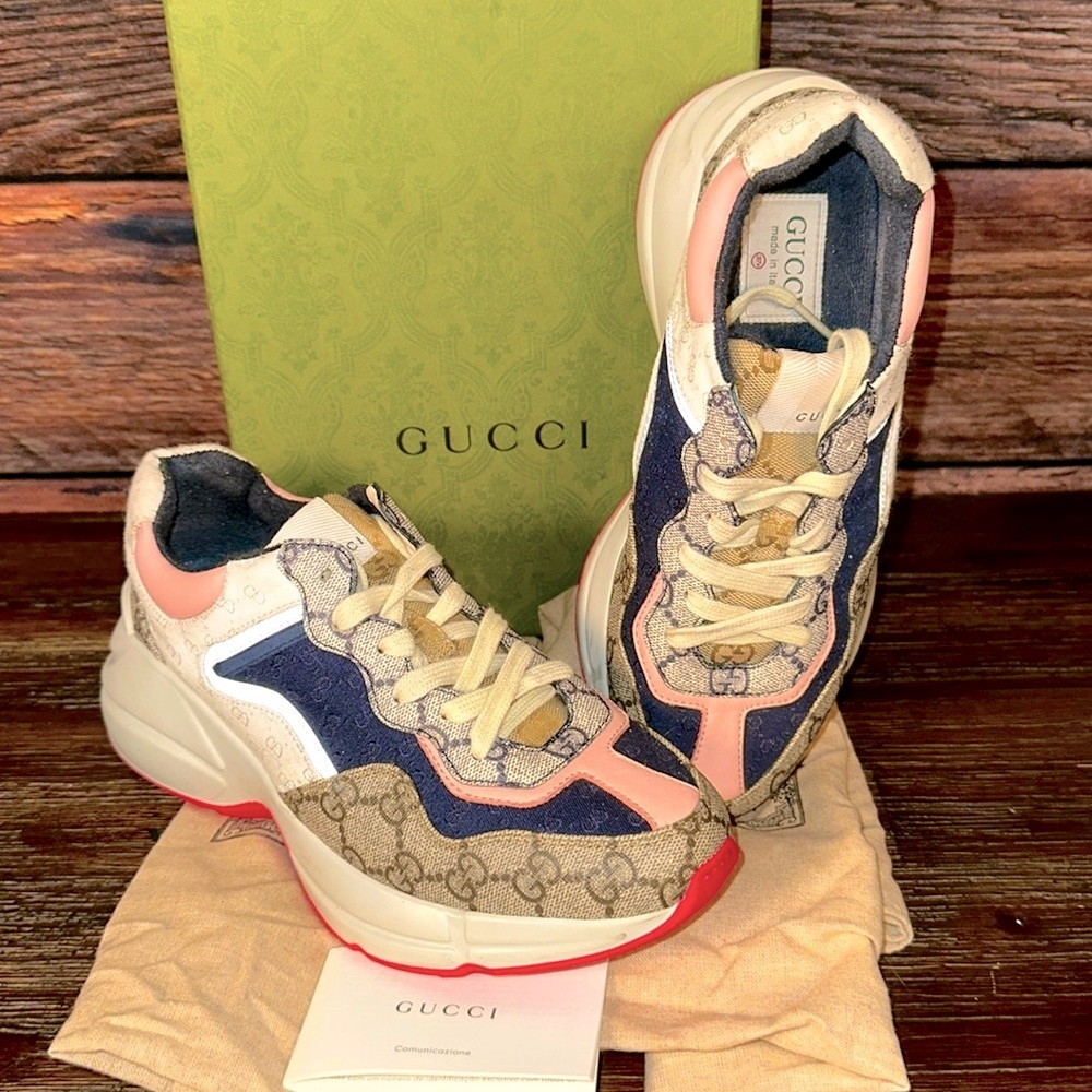 GUCCI WOMEN'S GG RHYTON SNEAKER in Multi Color GG Supreme Canvas, Size 37.5!